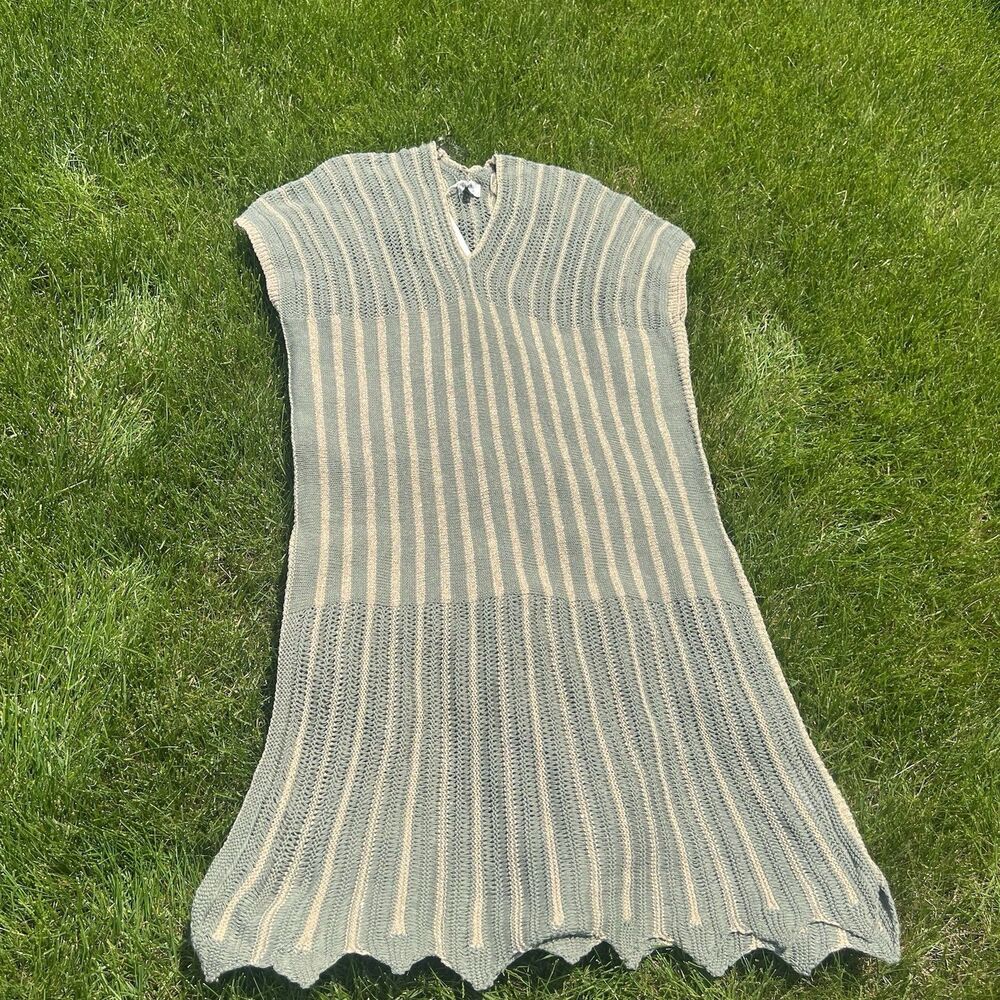 Floris Made in Italy Sage Green Gold Metallic Striped V Neck Cover Up Dress S/M